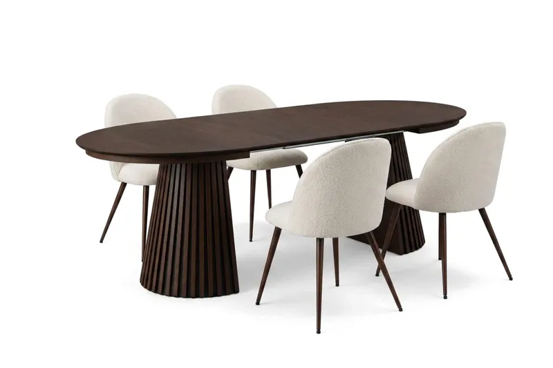 Spisegruppe Bark Peyra 120-220 cm Røget eg Hvid bouclé/Metalben Valnød - Møbler - Borde - Spisebordssæt