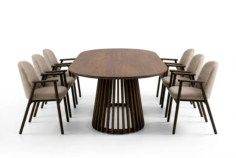 Spisegruppe Bark Peyra ovalt spisebord 200 cm mørkebrunt med 6 Reciclar spisebordsstole Valnød|Greige, undefined