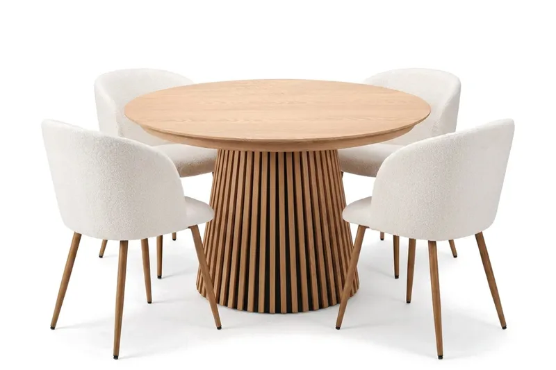 Spisegruppe Bark Peyra 120-220 cm Eg Hvid bouclé/Metalben brun, undefined