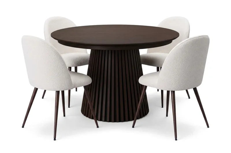 Spisegruppe Bark Peyra 120-220 cm Røget eg Hvid bouclé/Metalben Valnød, undefined