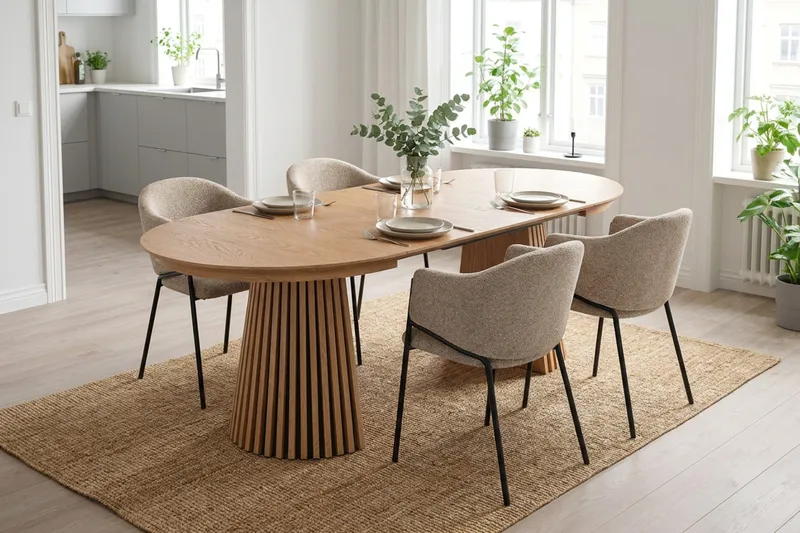 Spisegruppe Bark Peyra 120-220 cm Eg Taupe bouclé - Møbler - Borde - Spisebordssæt