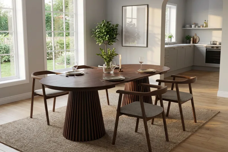 Spisegruppe Bark Peyra 120-220 cm Valnød Valnød/Beige - Møbler - Borde - Spisebordssæt