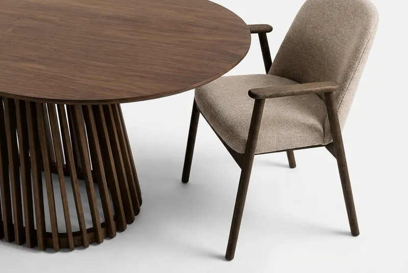 Spisegruppe Bark Peyra ovalt spisebord 200 cm mørkebrunt med 6 Reciclar spisebordsstole Valnød|Greige - Møbler - Borde - Spisebordssæt