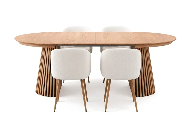 Spisegruppe Bark Peyra 120-220 cm Eg Hvid bouclé/Metalben brun - Møbler - Borde - Spisebordssæt