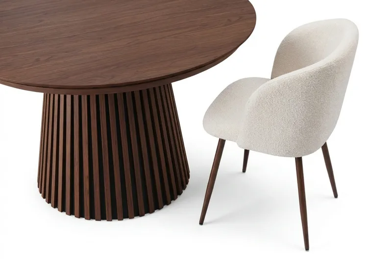 Spisegruppe Bark Peyra 120-220 cm Valnød Hvid bouclé/Metalben valnød - Møbler - Borde - Spisebordssæt