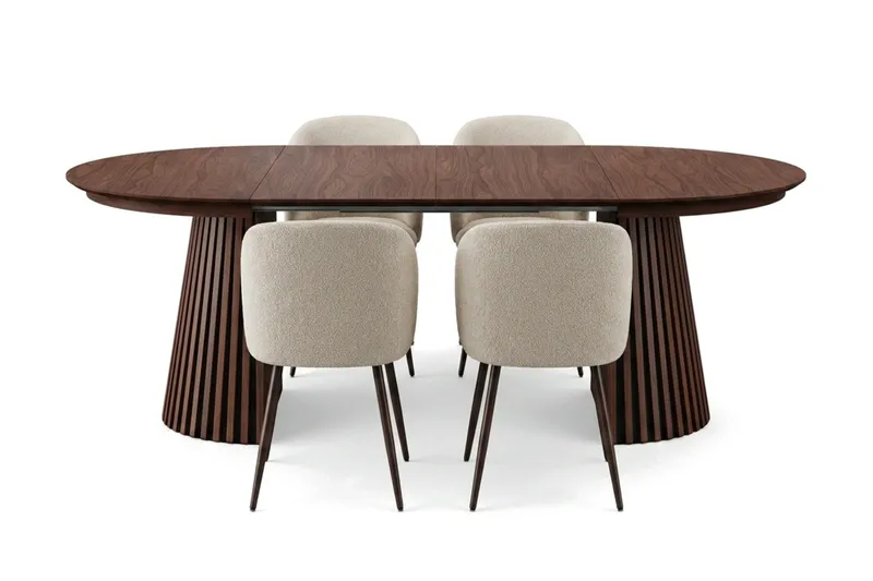 Spisegruppe Bark Peyra 120-220 cm Valnød Hvid bouclé/Metalben valnød - Møbler - Borde - Spisebordssæt