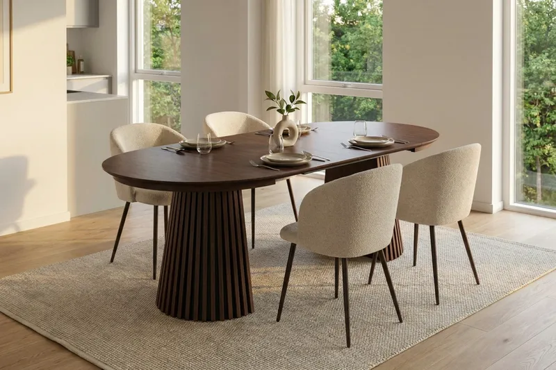 Spisegruppe Bark Peyra 120-220 cm Valnød Hvid bouclé/Metalben valnød - Møbler - Borde - Spisebordssæt