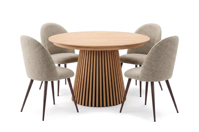 Spisegruppe Bark Peyra 120-220 cm Eg Greige bouclé/Metalben Valnød, undefined