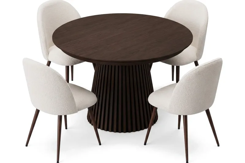 Spisegruppe Bark Peyra 120-220 cm Røget eg Hvid bouclé/Metalben Valnød - Møbler - Borde - Spisebordssæt