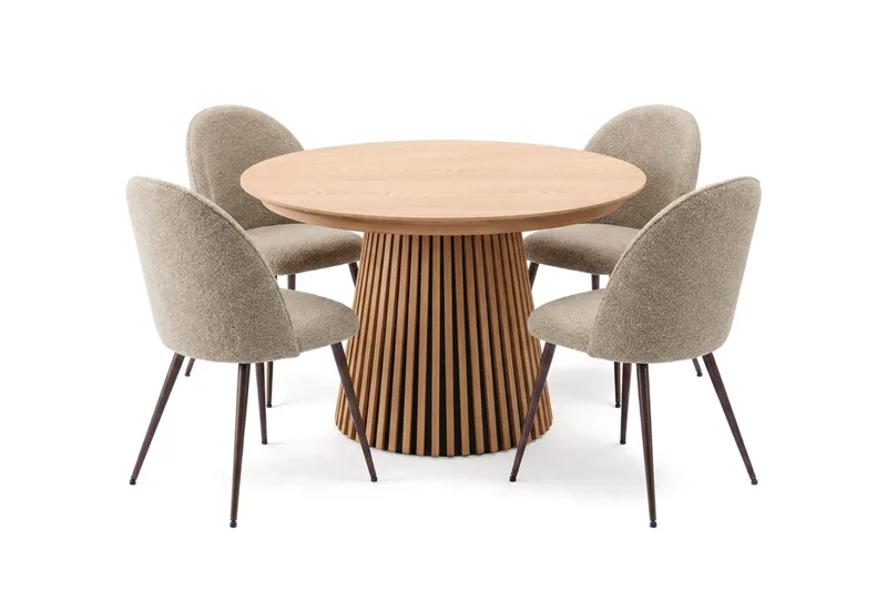 Spisegruppe Bark Peyra 120-220 cm Eg Greige bouclé/Metalben Valnød - Møbler - Borde - Spisebordssæt