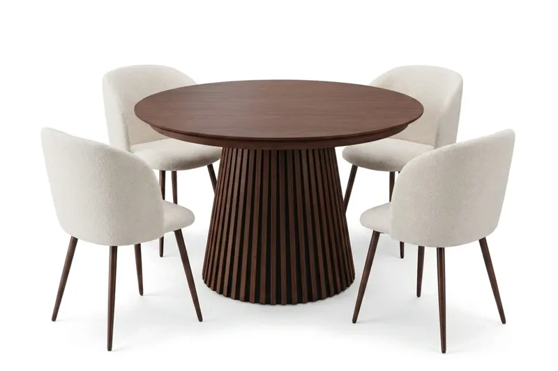 Spisegruppe Bark Peyra 120-220 cm Valnød Hvid bouclé/Metalben valnød - Møbler - Borde - Spisebordssæt