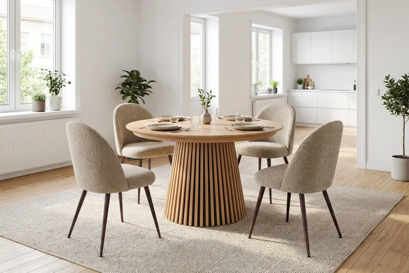 Spisegruppe Bark Peyra 120-220 cm Eg Greige bouclé/Metalben Valnød - Møbler - Borde - Spisebordssæt