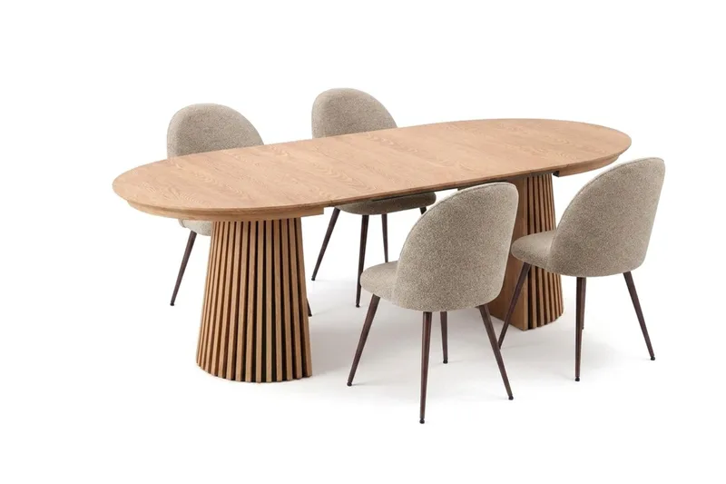 Spisegruppe Bark Peyra 120-220 cm Eg Greige bouclé/Metalben Valnød - Møbler - Borde - Spisebordssæt