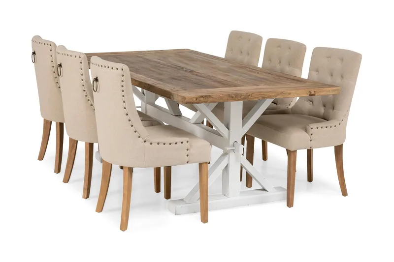 Spisegruppe Bloomington Lyon udtrækkeligt bord 200 cm med 6 Viktoria-stole Natur/Hvid/Beige Beige/Hvid