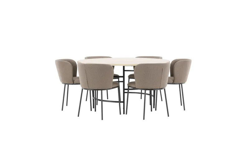 Spisegruppe Copenhagen Rundt 140 cm Hvid/Sort med 6 Edina Stole Sort / Brun - Sort / Brun - Møbler - Borde - Spisebordssæt
