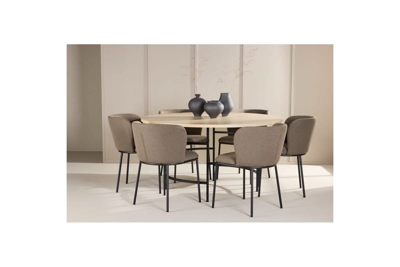 Spisegruppe Copenhagen Rundt 140 cm Hvid/Sort med 6 Edina Stole Sort / Brun - Sort / Brun - Møbler - Borde - Spisebordssæt
