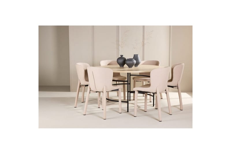 Spisegruppe Copenhagen Rundt 140 cm med 6 Astoria Stole Hvid / Sort, Beige - Hvid / Sort, Beige - Møbler - Borde - Spisebordssæt