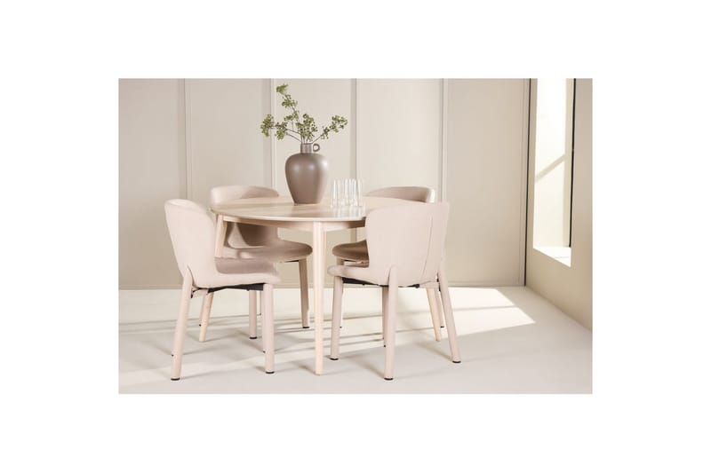 Spisegruppe Flora Rund 120 cm Hvid med 4 stk Astoria Stole Beige - Beige - Møbler - Borde - Spisebordssæt