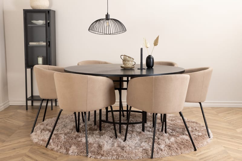 Spisegruppe Möbelfashion Copenhagen spisegruppe 140 cm rund med 6 Berit-stole Beige/Sort - Møbler - Borde - Spisebordssæt