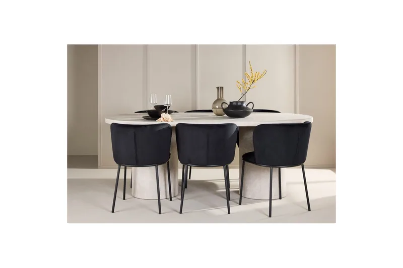 Spisegruppe Narvik 100x200 cm Beige med 6 stk Edina Stole Sort - Sort - Møbler - Borde - Spisebordssæt