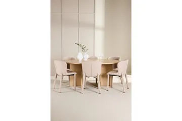 Spisegruppe Strada Rundt 120/170 cm Hvid med Astoria Stole 6 stk, Beige - 6 stk, Beige - Møbler - Borde - Spisebordssæt