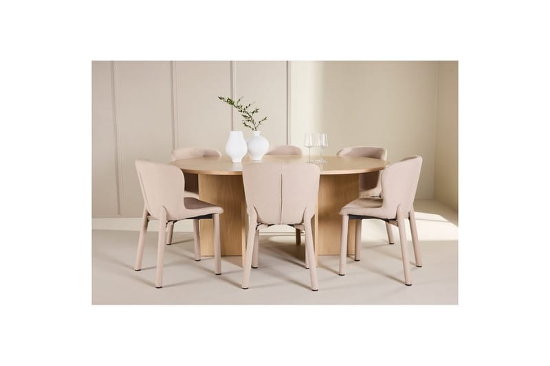 Spisegruppe Strada Rundt 120/170 cm Hvid med Astoria Stole 6 stk, Beige - 6 stk, Beige - Møbler - Borde - Spisebordssæt