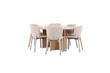 Spisegruppe Strada Rundt 120/170 cm Hvid med Astoria Stole 6 stk, Beige - 6 stk, Beige - Møbler - Borde - Spisebordssæt