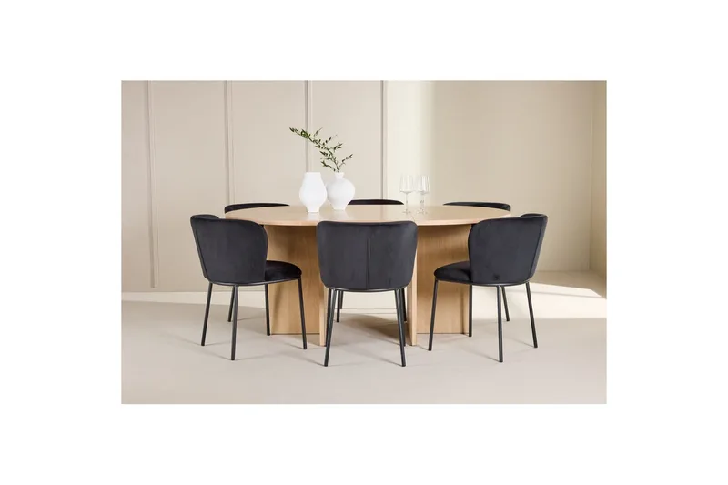 Spisegruppe Strada Rundt 120/170 cm Hvid med Edina Stole 6 stk, Sort - 6 stk, Sort - Møbler - Borde - Spisebordssæt