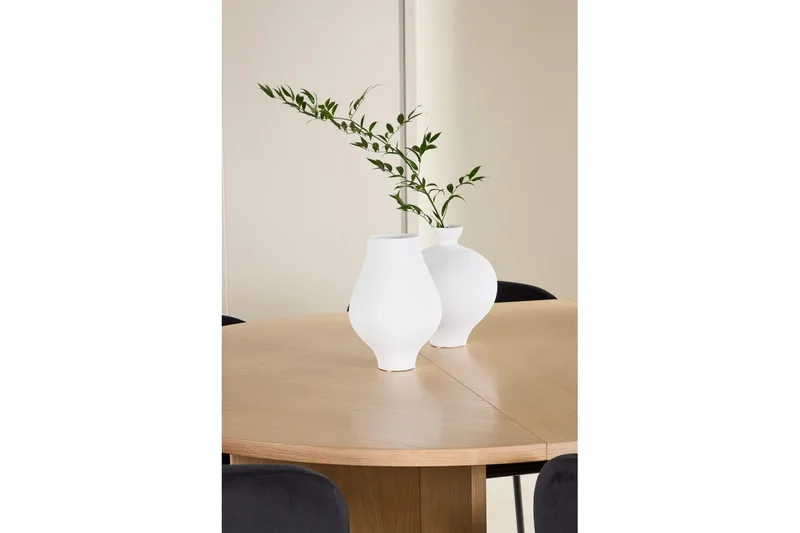 Spisegruppe Strada Rundt 120/170 cm Hvid med Edina Stole 6 stk, Sort - 6 stk, Sort - Møbler - Borde - Spisebordssæt