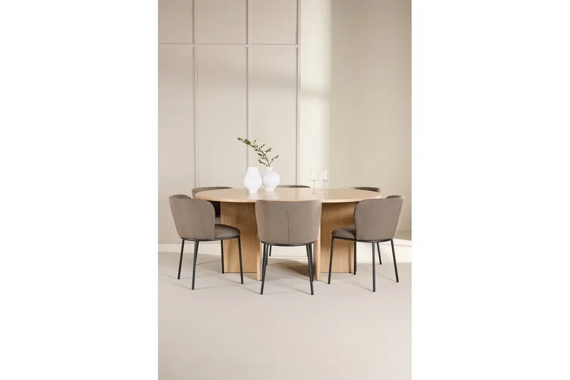 Spisegruppe Strada Rundt 120/170 cm Hvid med Edina Stole 6 stk, Sort / Brun - 6 stk, Sort / Brun - Møbler - Borde - Spisebordssæt