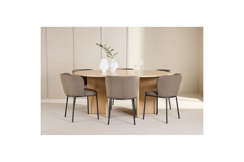 Spisegruppe Strada Rundt 120/170 cm Hvid med Edina Stole 6 stk, Sort / Brun - 6 stk, Sort / Brun - Møbler - Borde - Spisebordssæt