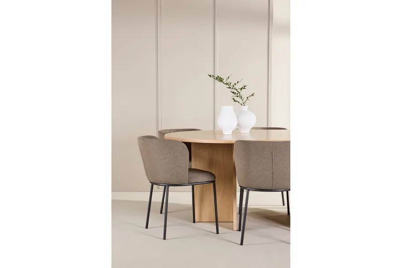 Spisegruppe Strada Rundt 120/170 cm Hvid med Edina Stole 6 stk, Sort / Brun - 6 stk, Sort / Brun - Møbler - Borde - Spisebordssæt