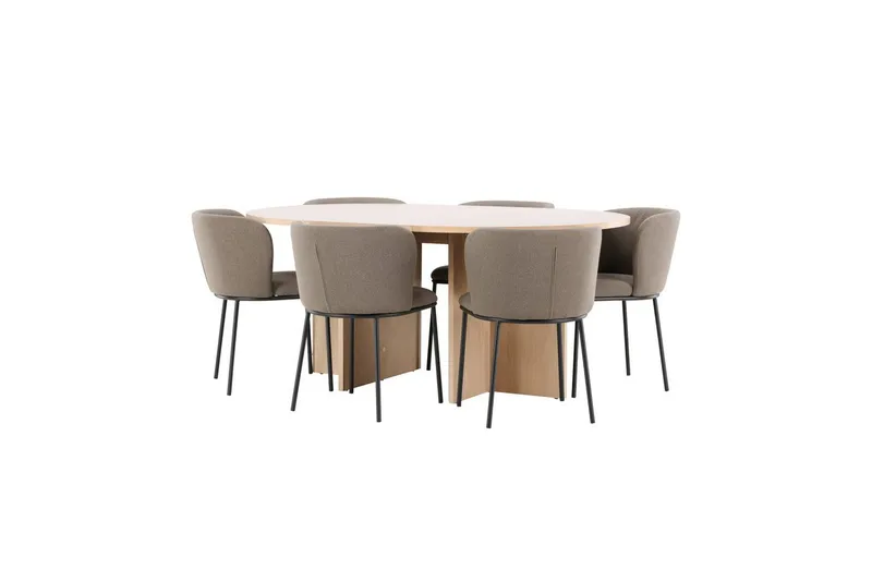 Spisegruppe Strada Rundt 120/170 cm Hvid med Edina Stole 6 stk, Sort / Brun - 6 stk, Sort / Brun - Møbler - Borde - Spisebordssæt