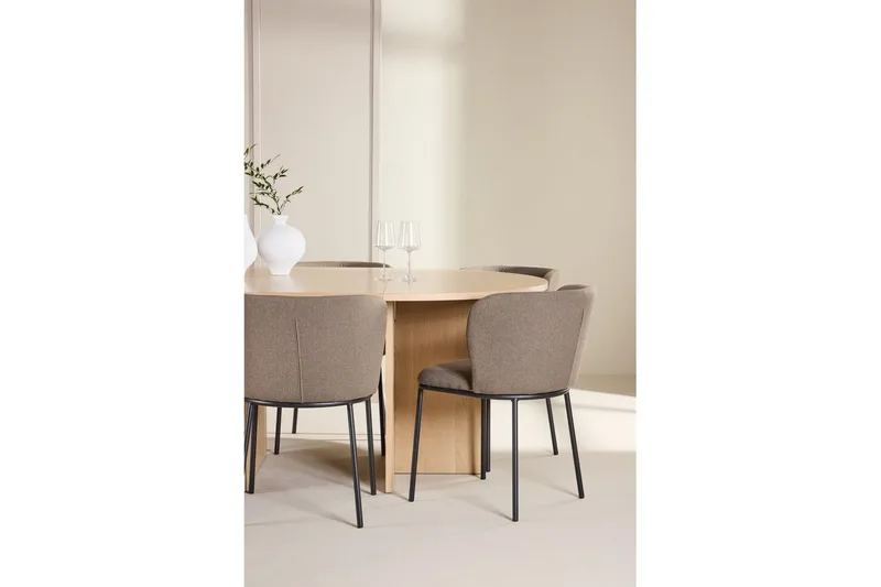 Spisegruppe Strada Rundt 120/170 cm Hvid med Edina Stole 6 stk, Sort / Brun - 6 stk, Sort / Brun - Møbler - Borde - Spisebordssæt