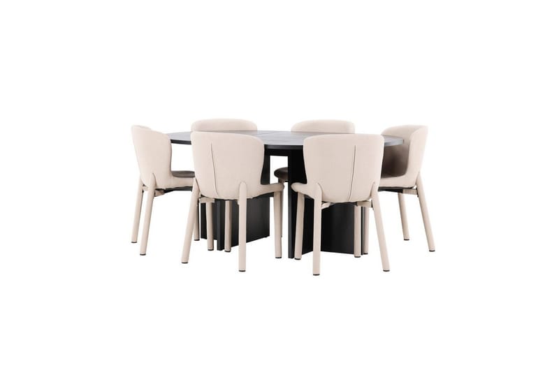 Spisegruppe Strada Rundt 120/170 cm Sort med Astoria Stole 6 stk, Beige - 6 stk, Beige - Møbler - Borde - Spisebordssæt