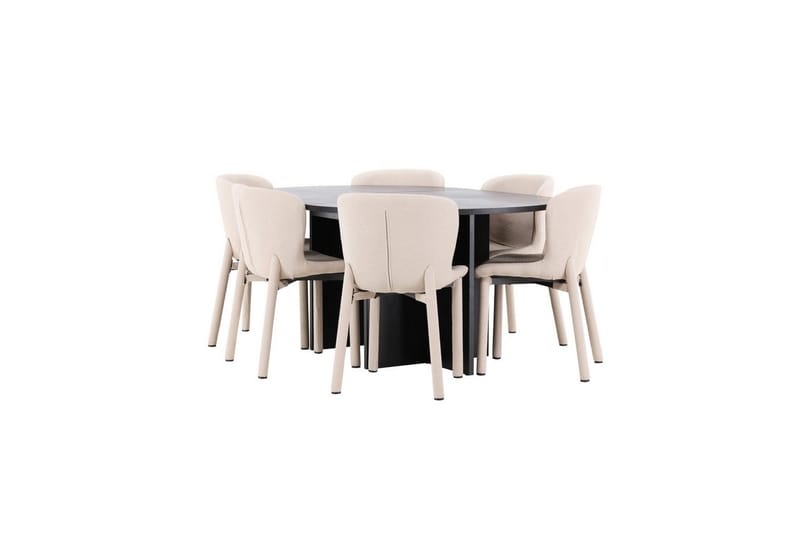 Spisegruppe Strada Rundt 120/170 cm Sort med Astoria Stole 6 stk, Beige - 6 stk, Beige - Møbler - Borde - Spisebordssæt