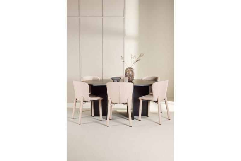 Spisegruppe Strada Rundt 120/170 cm Sort med Astoria Stole 6 stk, Beige - 6 stk, Beige - Møbler - Borde - Spisebordssæt