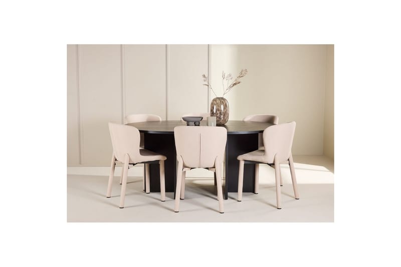 Spisegruppe Strada Rundt 120/170 cm Sort med Astoria Stole 6 stk, Beige - 6 stk, Beige - Møbler - Borde - Spisebordssæt