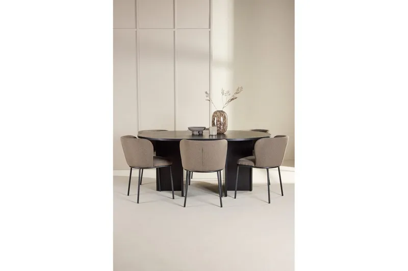 Spisegruppe Strada Rundt 120/170 cm Sort med Edina Stole 6 stk, Sort / Brun - 6 stk, Sort / Brun - Møbler - Borde - Spisebordssæt