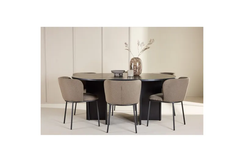 Spisegruppe Strada Rundt 120/170 cm Sort med Edina Stole 6 stk, Sort / Brun - 6 stk, Sort / Brun - Møbler - Borde - Spisebordssæt