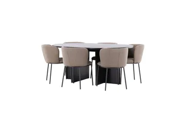 Spisegruppe Strada Rundt 120/170 cm Sort med Edina Stole 6 stk, Sort / Brun - 6 stk, Sort / Brun - Møbler - Borde - Spisebordssæt