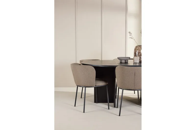 Spisegruppe Strada Rundt 120/170 cm Sort med Edina Stole 6 stk, Sort / Brun - 6 stk, Sort / Brun - Møbler - Borde - Spisebordssæt