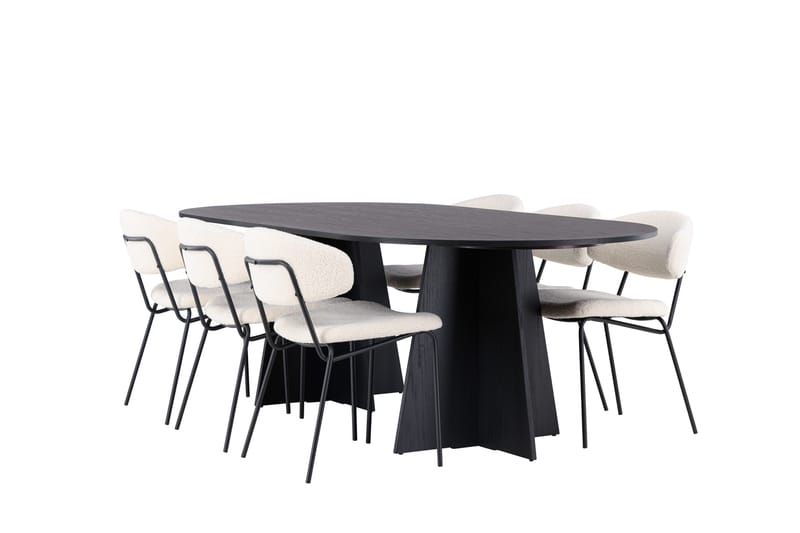 Spisegruppe Venture Home Bootcut ovalt spisebord - Sort/Sort finer +Chico spisestol - Sort/Hvid bouclé _6 Sort - Møbler - Borde - Spisebordssæt