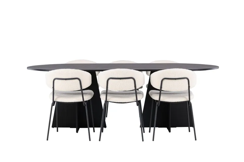 Spisegruppe Venture Home Bootcut ovalt spisebord - Sort/Sort finer +Chico spisestol - Sort/Hvid bouclé _6 Sort, undefined