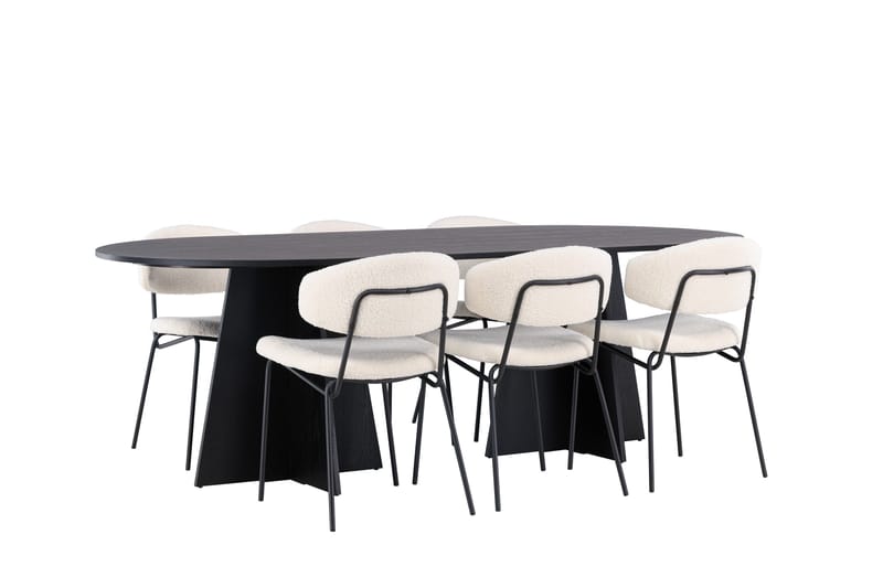 Spisegruppe Venture Home Bootcut ovalt spisebord - Sort/Sort finer +Chico spisestol - Sort/Hvid bouclé _6 Sort - Møbler - Borde - Spisebordssæt