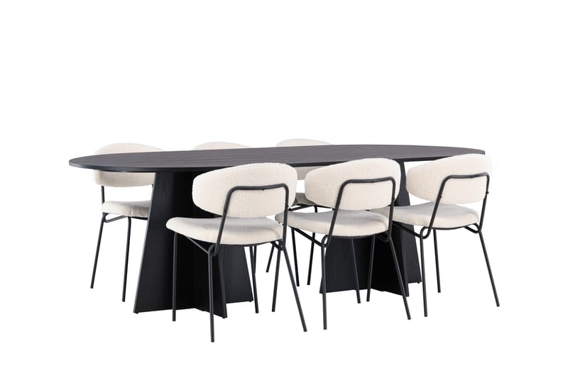 Spisegruppe Venture Home Bootcut ovalt spisebord - Sort/Sort finer +Chico spisestol - Sort/Hvid bouclé _6 Sort - Møbler - Borde - Spisebordssæt