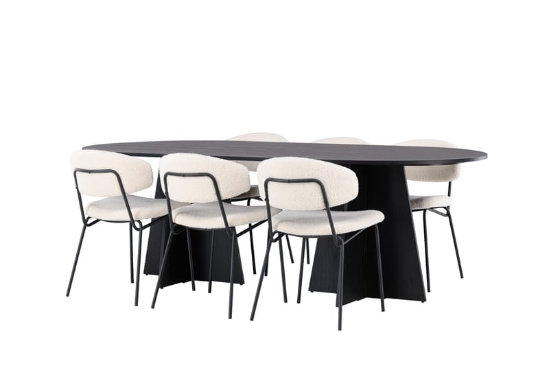 Spisegruppe Venture Home Bootcut ovalt spisebord - Sort/Sort finer +Chico spisestol - Sort/Hvid bouclé _6 Sort - Møbler - Borde - Spisebordssæt
