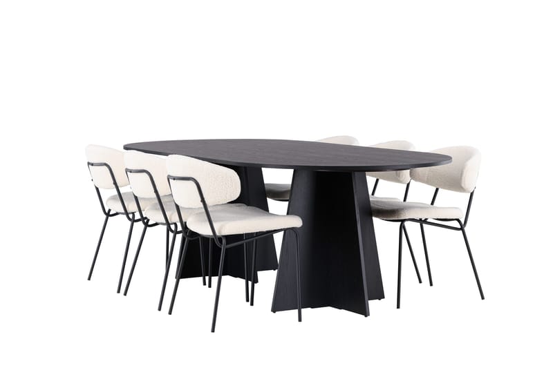 Spisegruppe Venture Home Bootcut ovalt spisebord - Sort/Sort finer +Chico spisestol - Sort/Hvid bouclé _6 Sort - Møbler - Borde - Spisebordssæt