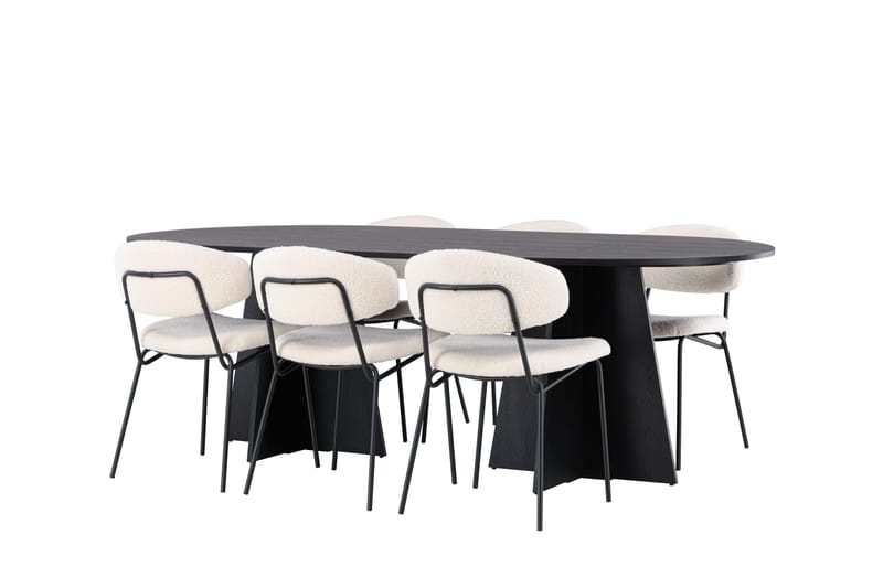 Spisegruppe Venture Home Bootcut ovalt spisebord - Sort/Sort finer +Chico spisestol - Sort/Hvid bouclé _6 Sort - Møbler - Borde - Spisebordssæt