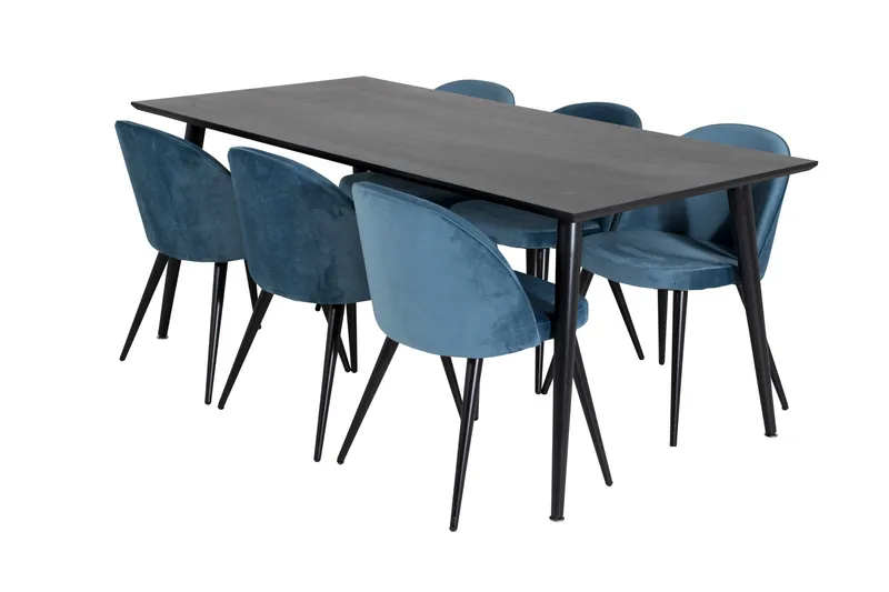 Spisegruppe Venture Home Dipp spisegruppe 180 cm rektangulær med 6 Velvet-stole Sort/Blå - Møbler - Borde - Spisebordssæt